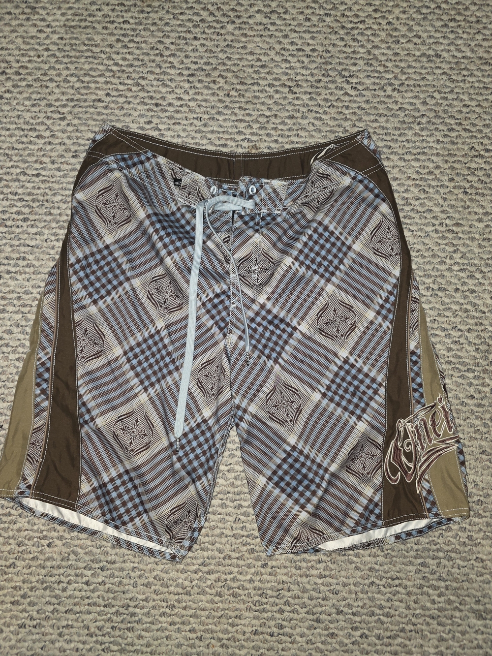 Oniell Men's Brown and Light Blue Plaid Swim Trunks